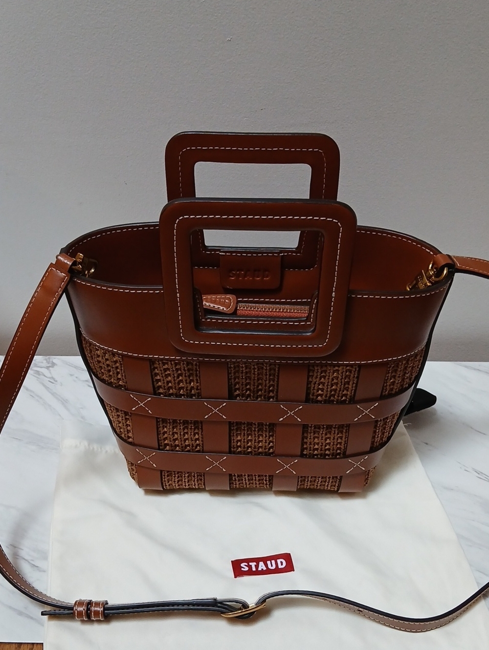 STAUD Mini Shirley Leather And Raffia Tote Crossbody
